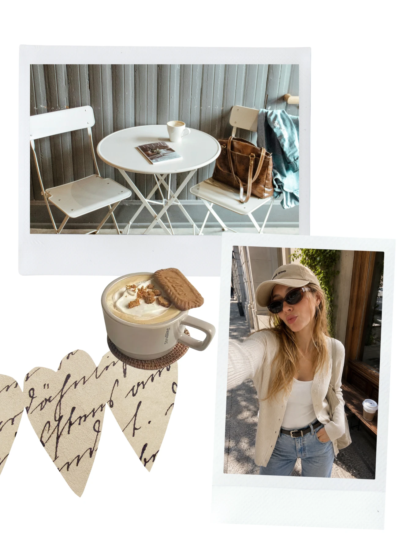 A café table, a cup of coffee, and a travel portrait